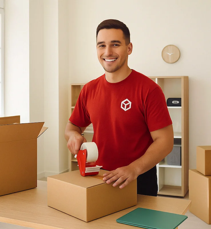 Professional mover carefully packing dishes during a residential move in Los Angeles